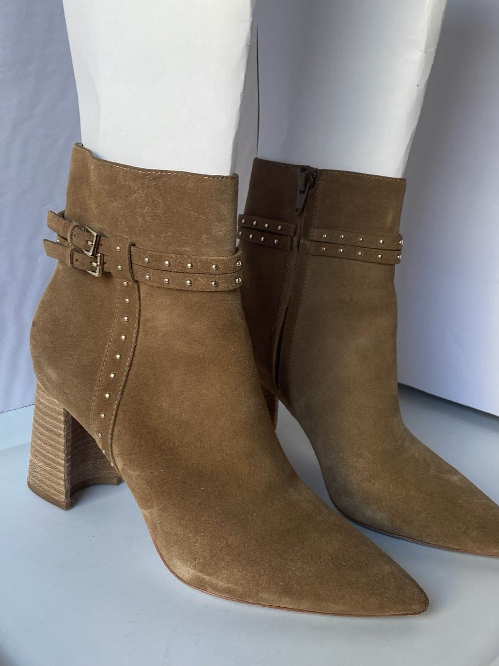 PAIGE Pointed-Toe Studded Buckle Ankle Boots in Brown US 8 Like New